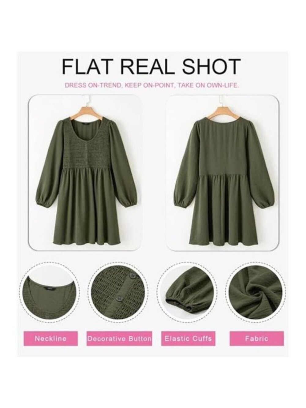 Womens 2025 Casual Dress Smocked Crewneck Button Up Long Sleeve Empire Green - Picture 4 of 4